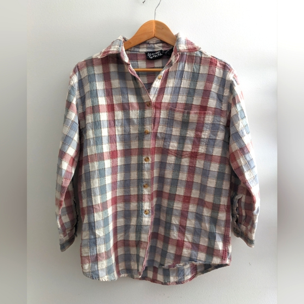 Vintage Lemon Grass Textured Plaid Button Up Flannel Shirt